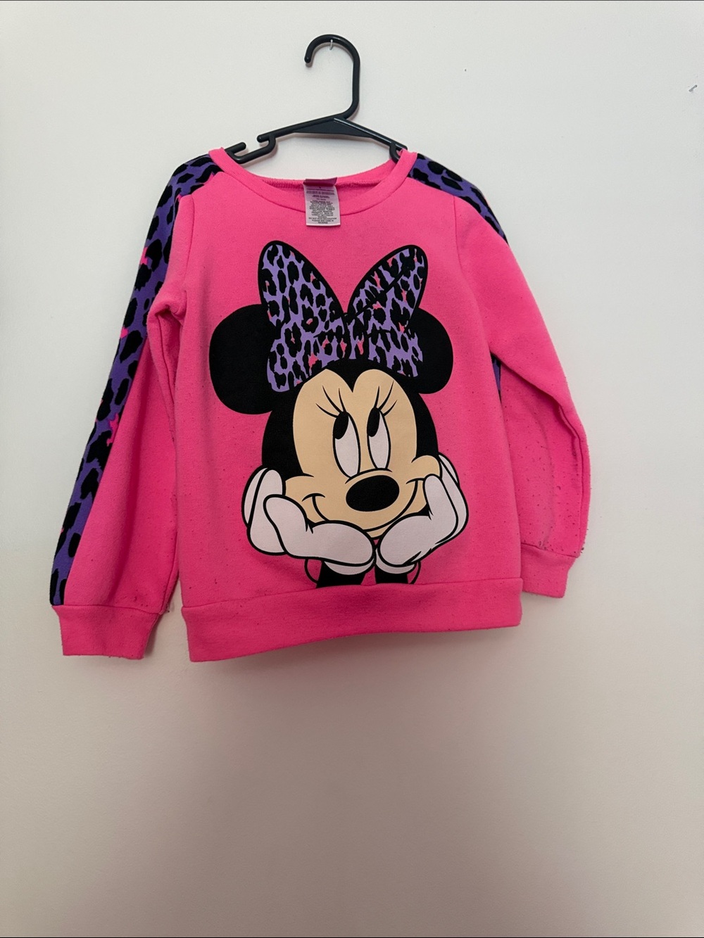 Disney Pink Minnie Mouse Sweatshirt with Purple Leopard Bow Accents